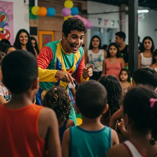 Animador de festa infantil com traje colorido e microfone interagindo com um grupo de crianças atentas sentadas à sua frente