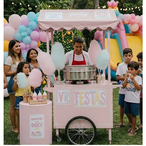 Carrinho de algodão doce da Aluguel de Sonhos em uma festa infantil ao ar livre no Rio de Janeiro, com crianças e adultos sorrindo. Ao fundo, um grande tobogã inflável visível.