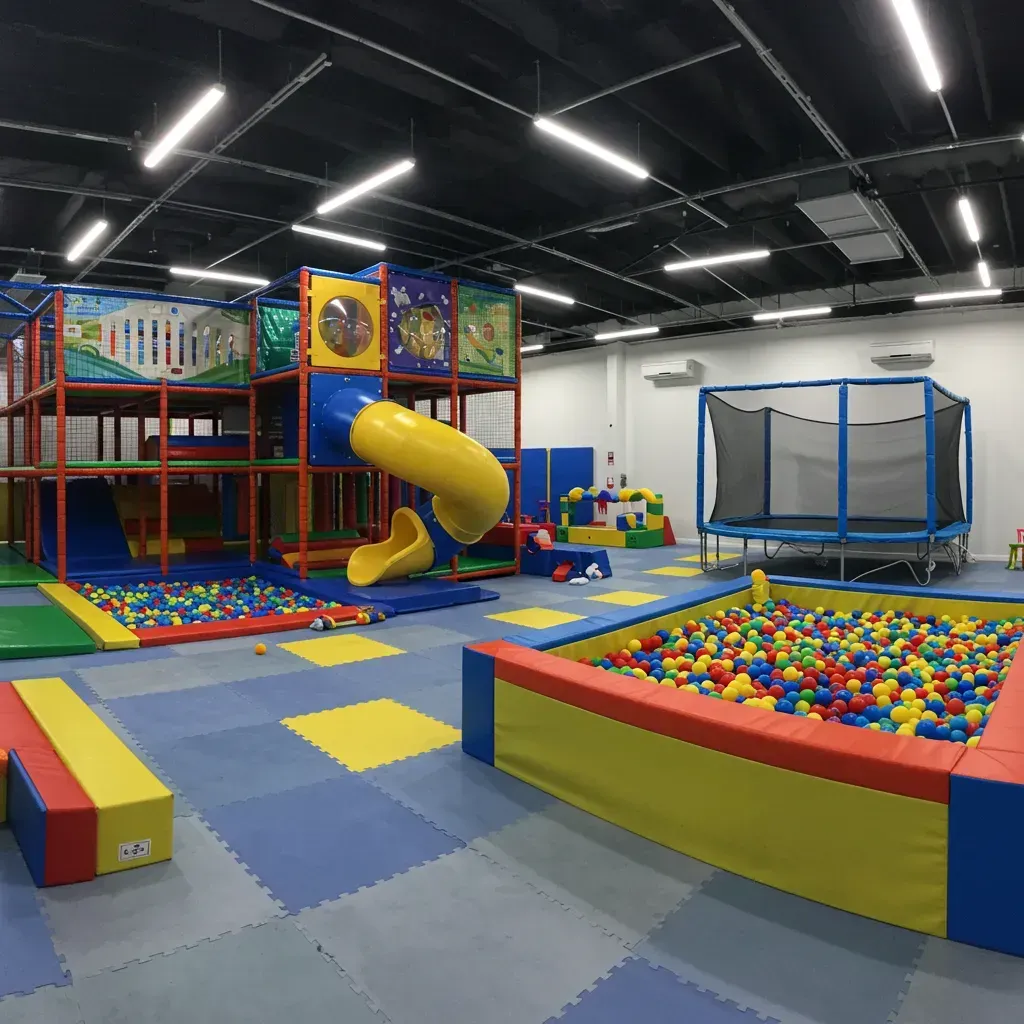 Salão de festas infantil vazio no Rio de Janeiro com grande brinquedão Kid Play, piscina de bolinhas, cama elástica e tobogã inflável