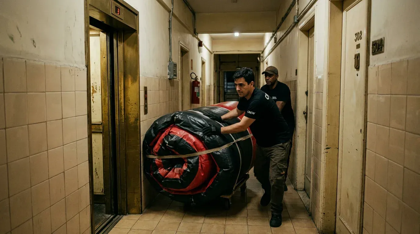 Equipe manobrando equipamento de touro mecânico no elevador apertado de prédio antigo em Copacabana, peças encaixando na medida certa para subir ao salão de festas